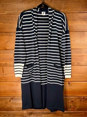 Cabi NWOT Boathouse Open Cardigan Navy White Stripe Long Duster Size Small 💕